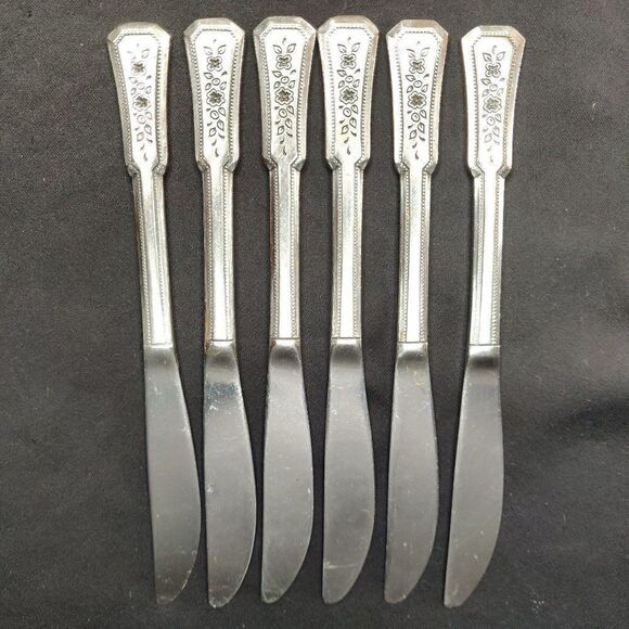 6 Rogers Landscape Dinner Knives Floral Stainless Flatware Korea - Picture 4 of 8